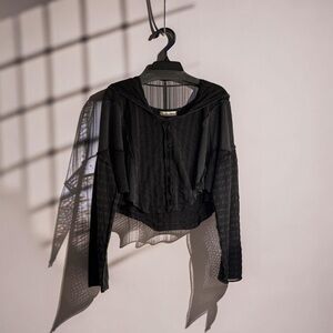 We The Free Black Textured Asymmetrical Long Sleeve Crop Hoodie